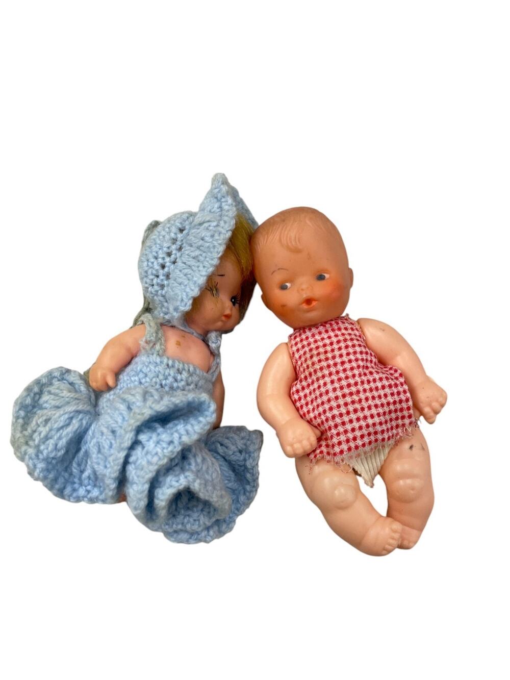 Irwin Vintage Baby Twins Dolls Crochet Blue Dress Japan Lot of 2 Hard Plastic